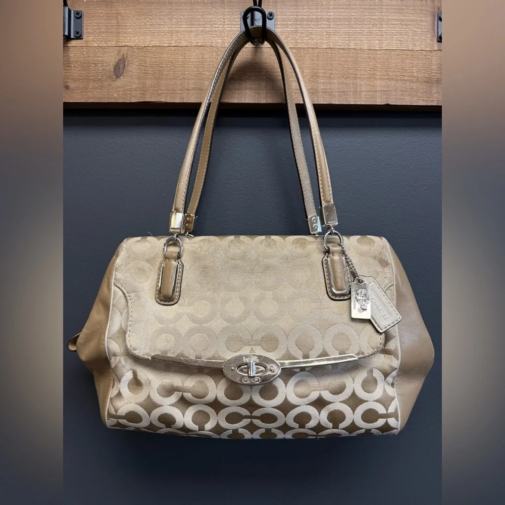 Coach 25638 Madison Madeline White and Gold Canvas Shoulder Bag